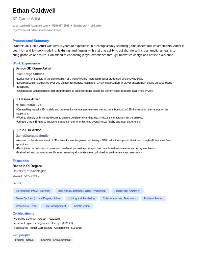 3D Game Artist Resume Example