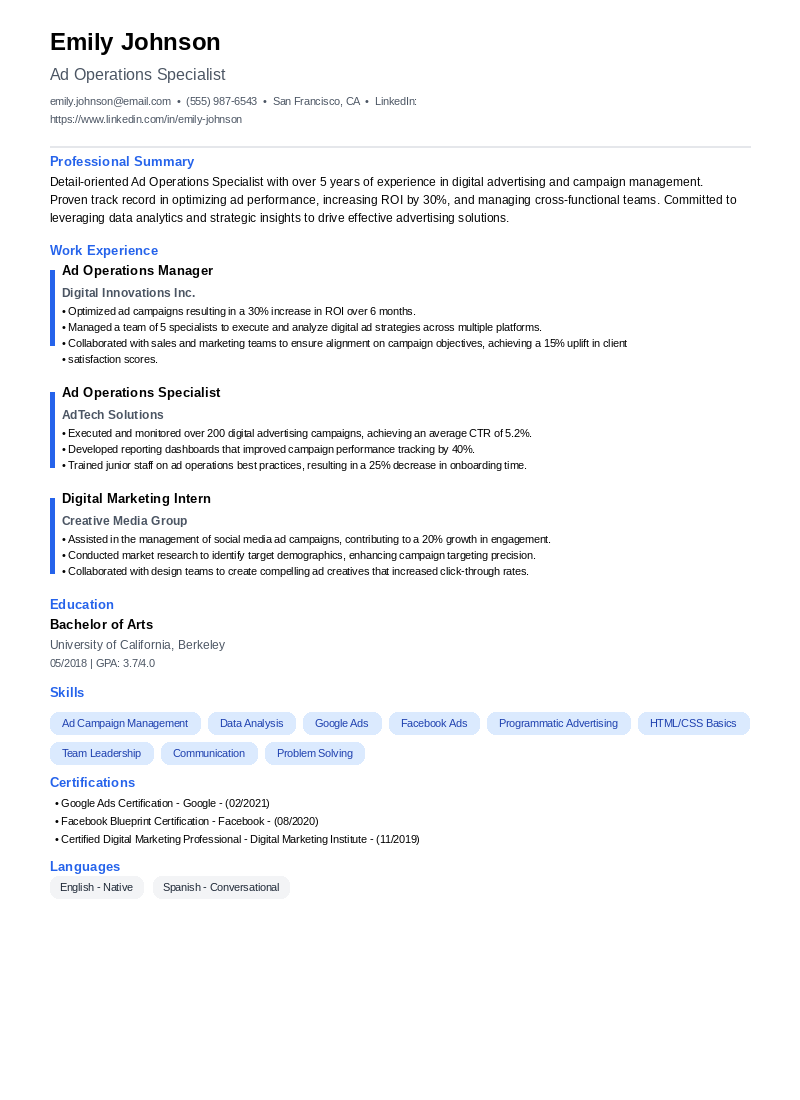 Ad Operations Specialist Resume Example
