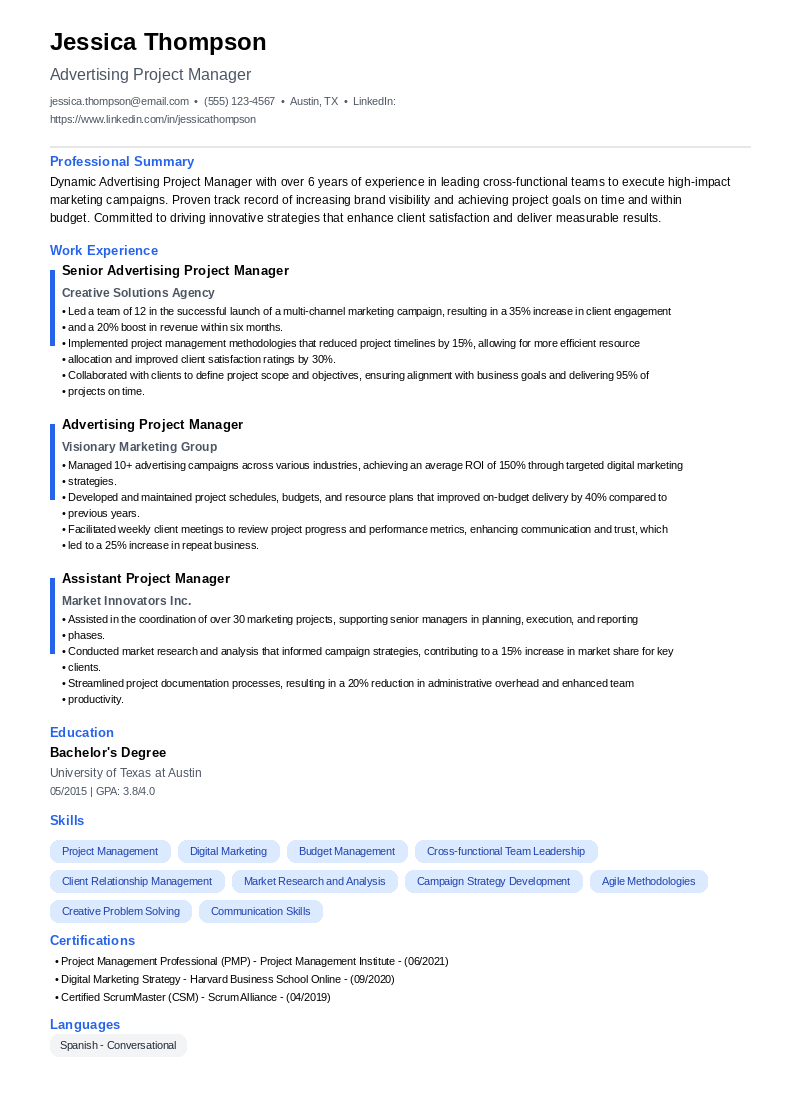 Advertising Project Manager Resume Example