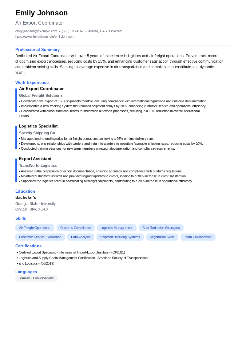 Air Export Coordinator Resume Example