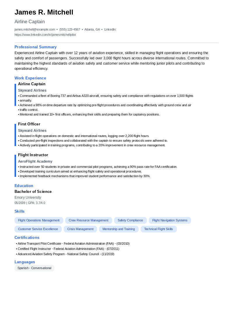 Airline Captain Resume Example