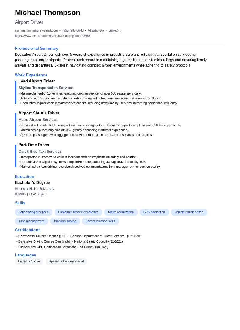 Airport Driver Resume Example