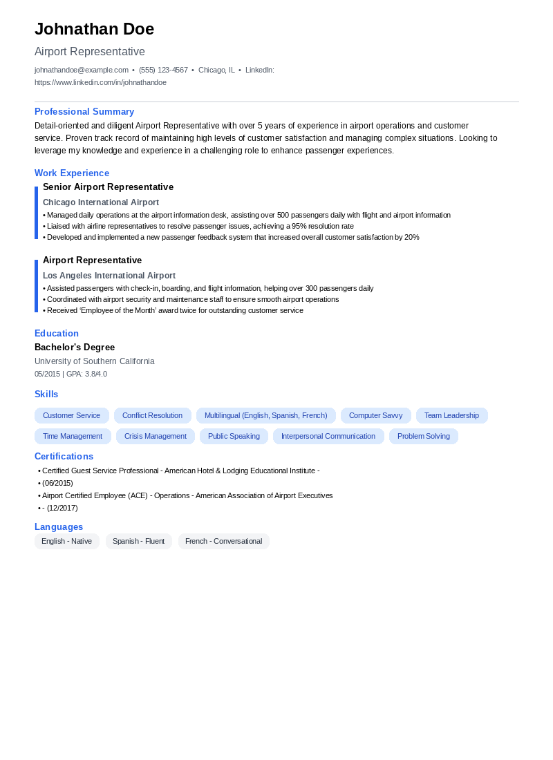 Airport Representative Resume Example