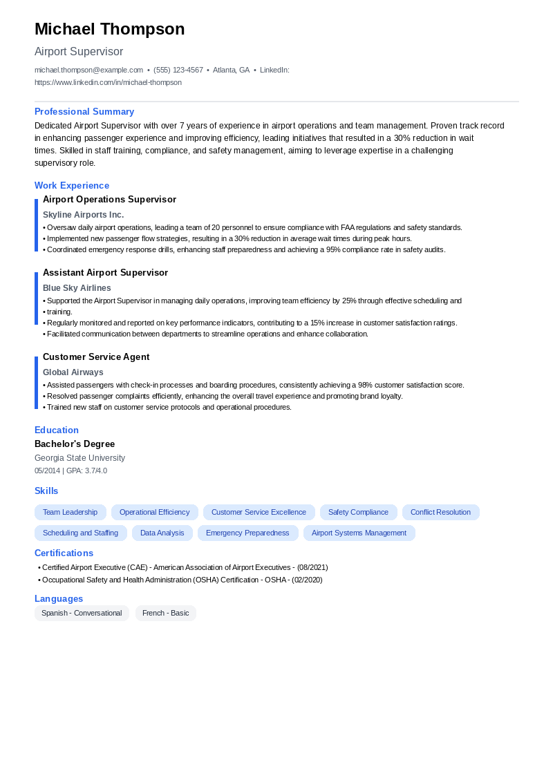 Airport Supervisor Resume Example