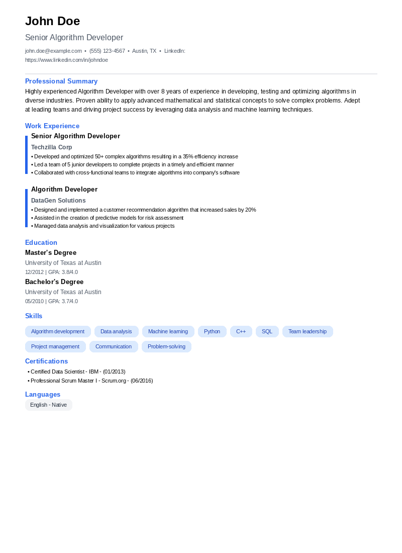 Algorithm Developer Resume Example