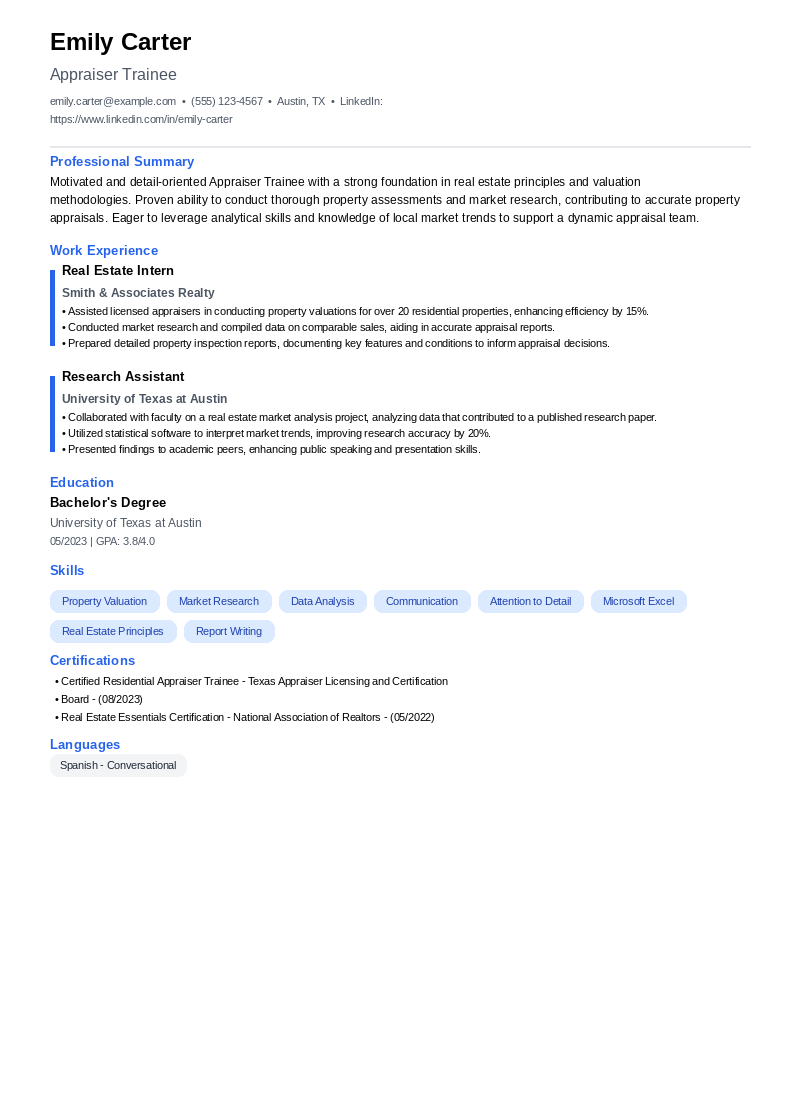 Appraiser Trainee Resume Example