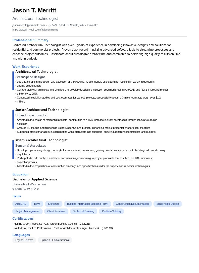 Architectural Technologist Resume Example