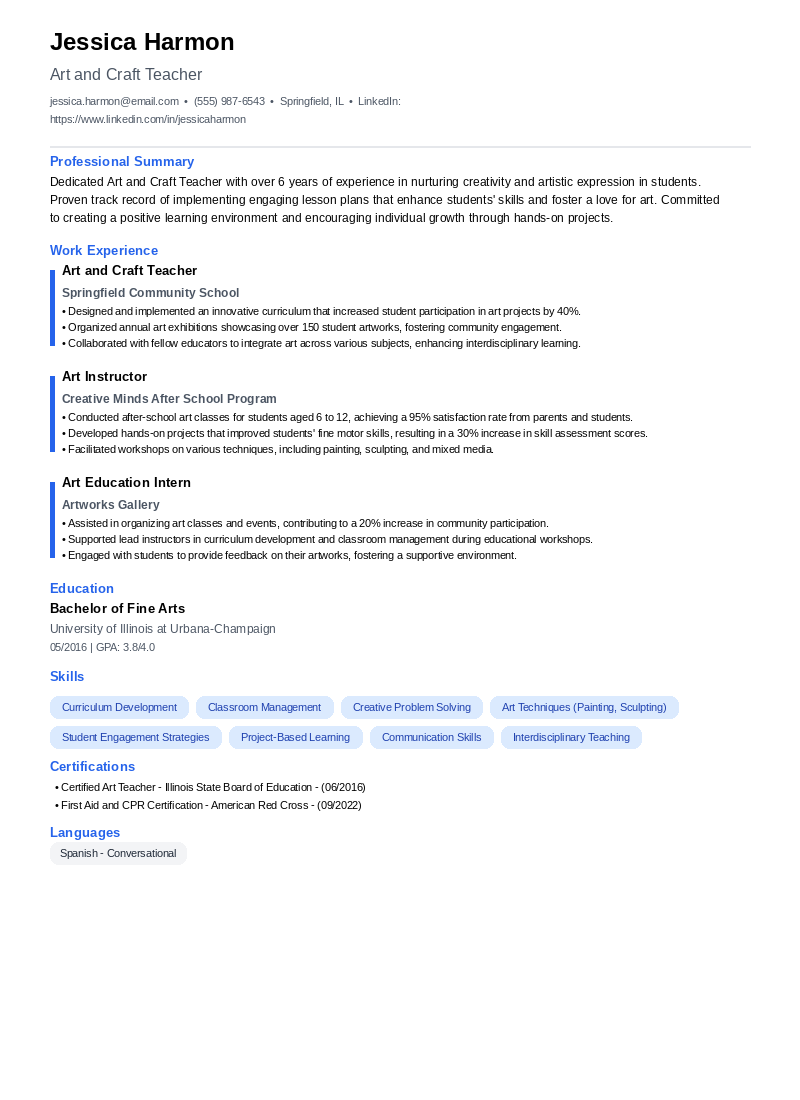 Art and Craft Teacher Resume Example