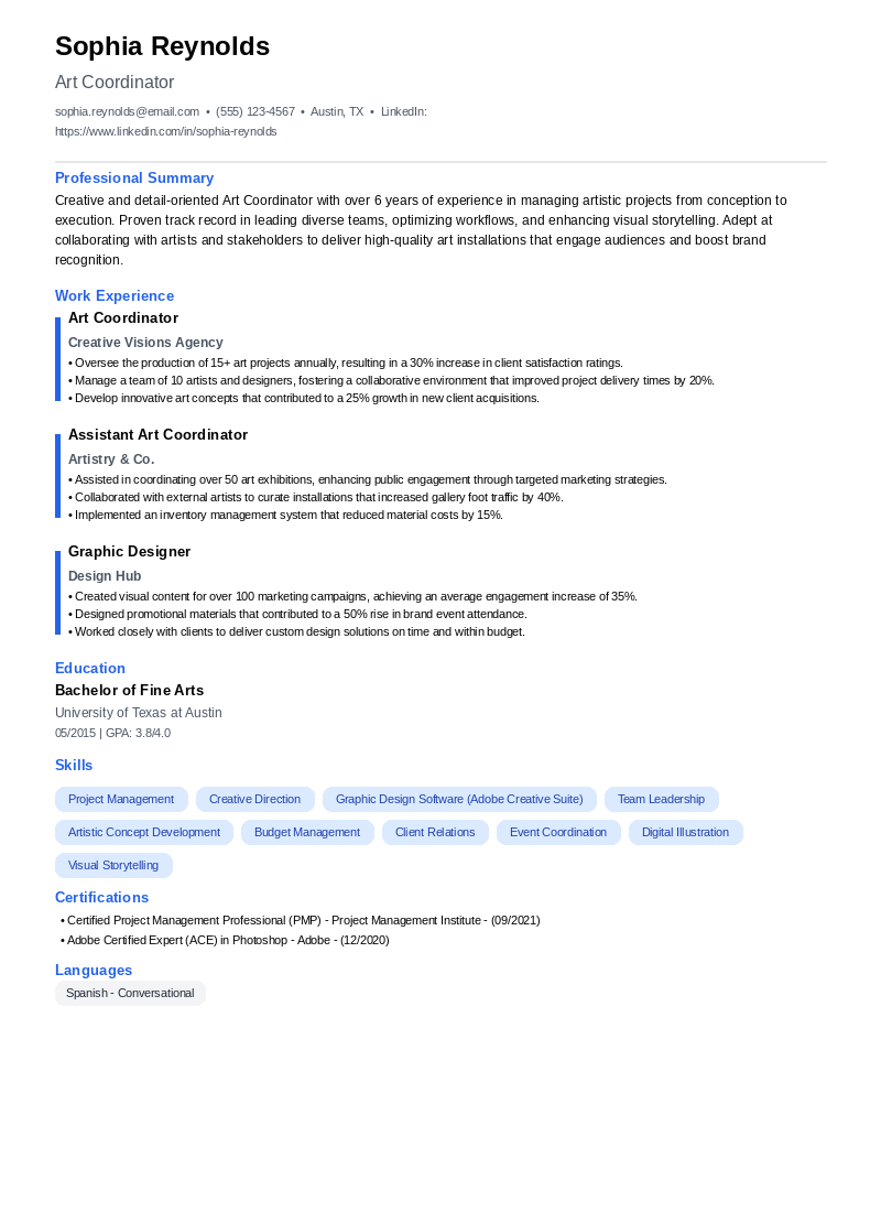 Art Coordinator Resume Example