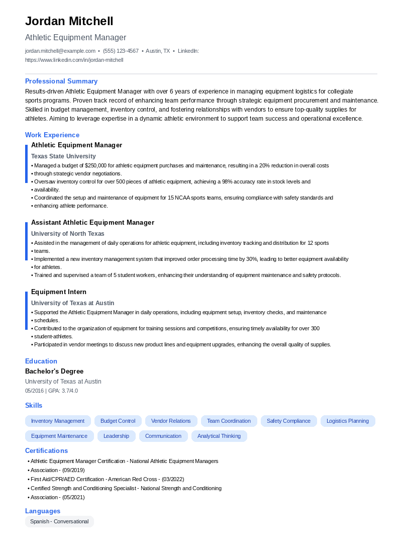 Athletic Equipment Manager Resume Example
