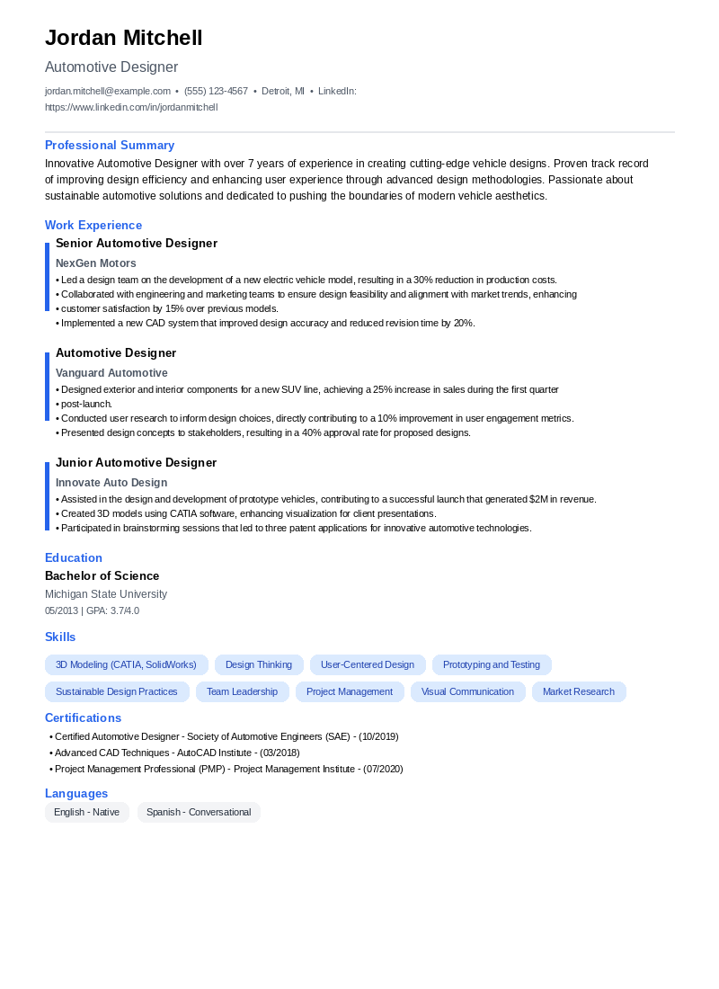 Automotive Designer Resume Example