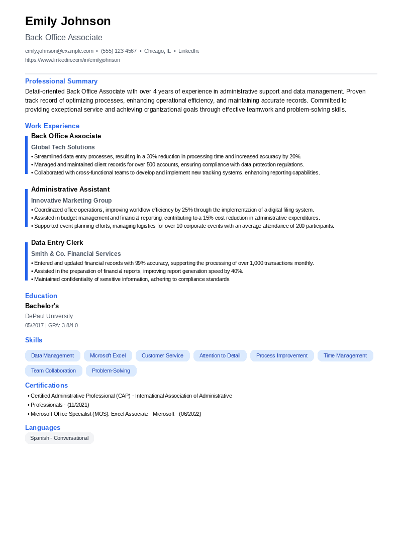 Back Office Associate Resume Example