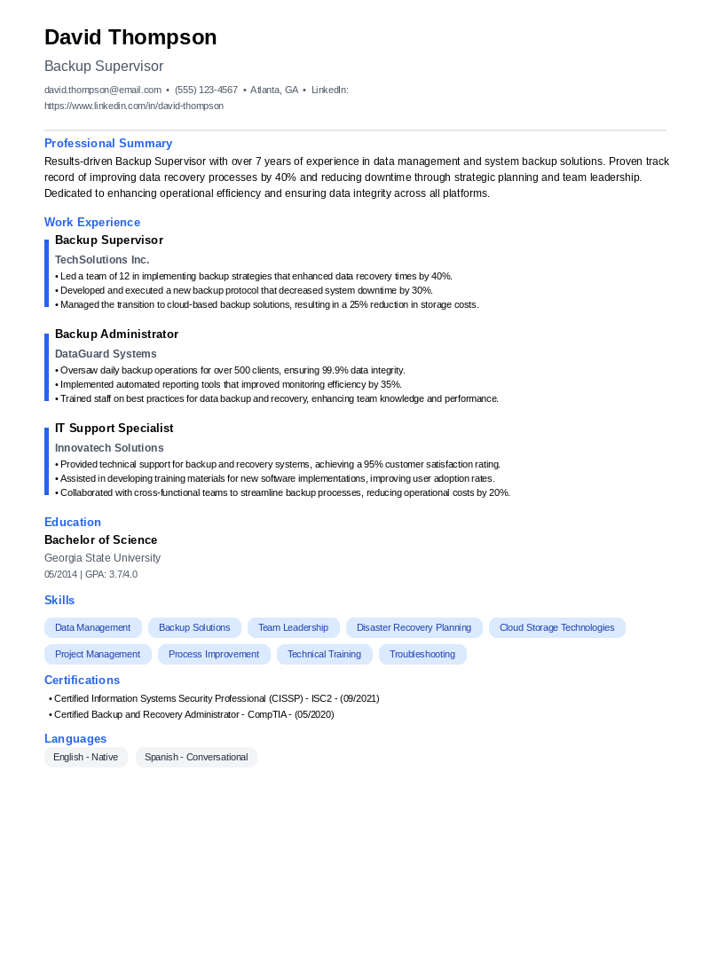 Backup Supervisor Resume Example