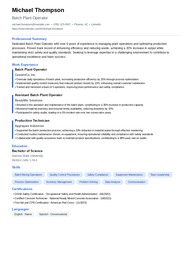 Batch Plant Operator Resume Example