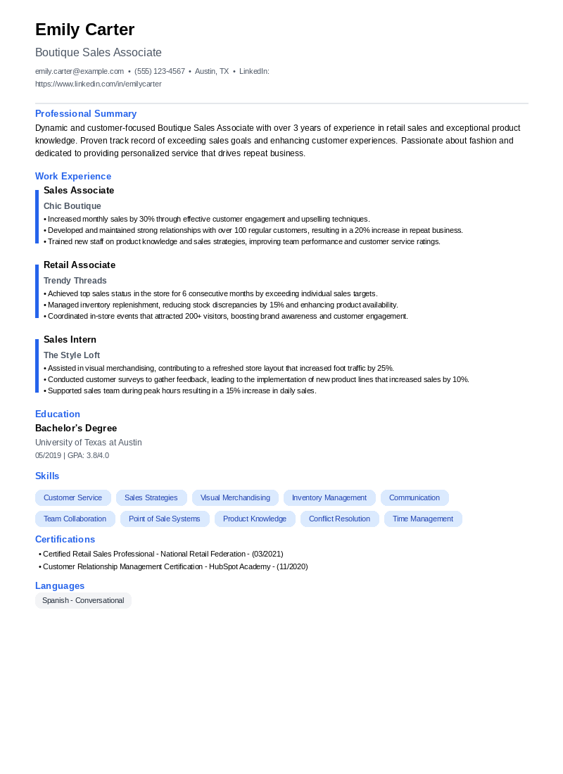 Boutique Sales Associate Resume Example