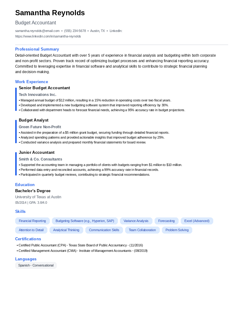 Budget Accountant Resume Example