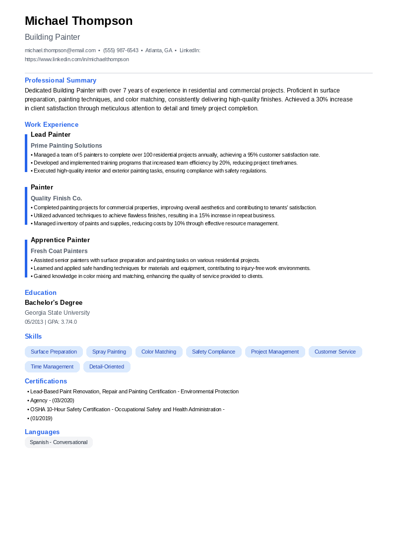 Building Painter Resume Example