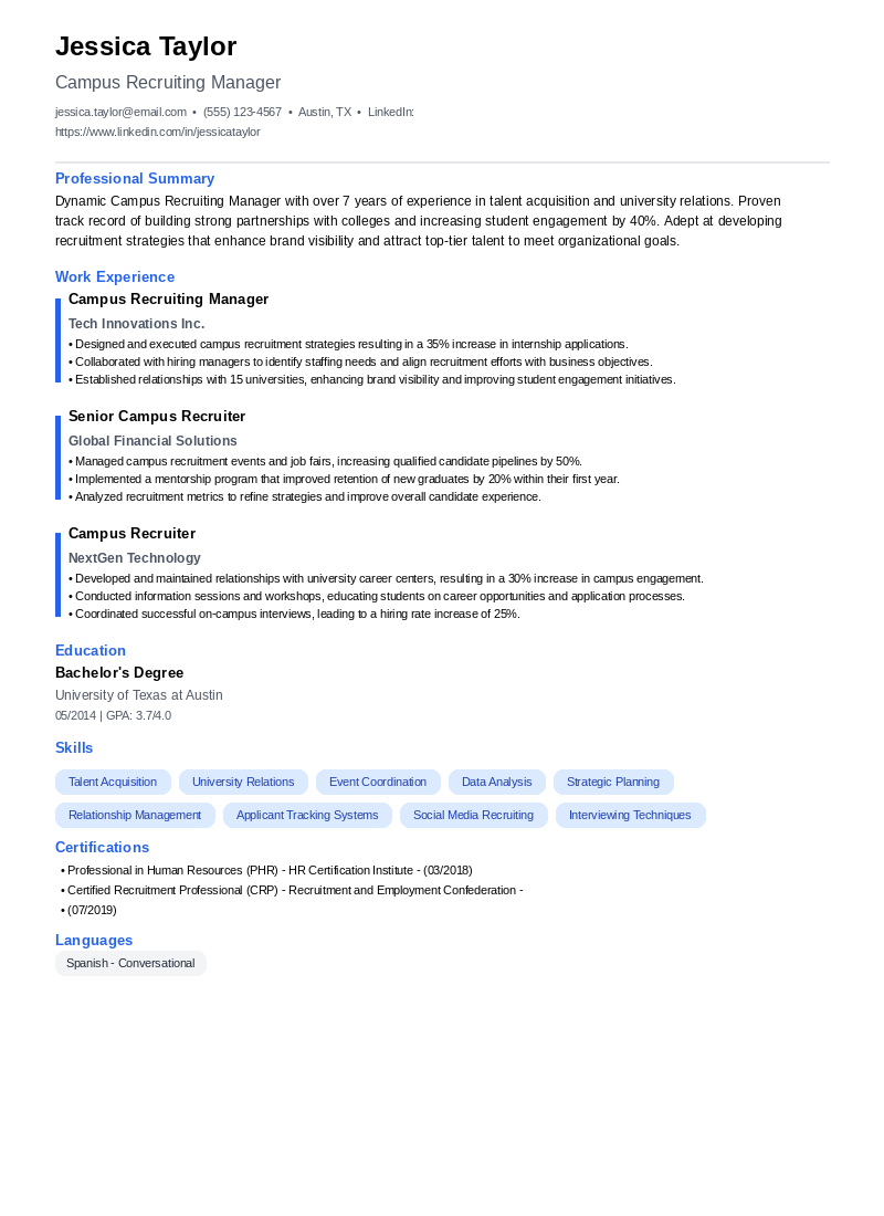 Campus Recruiting Manager Resume Example