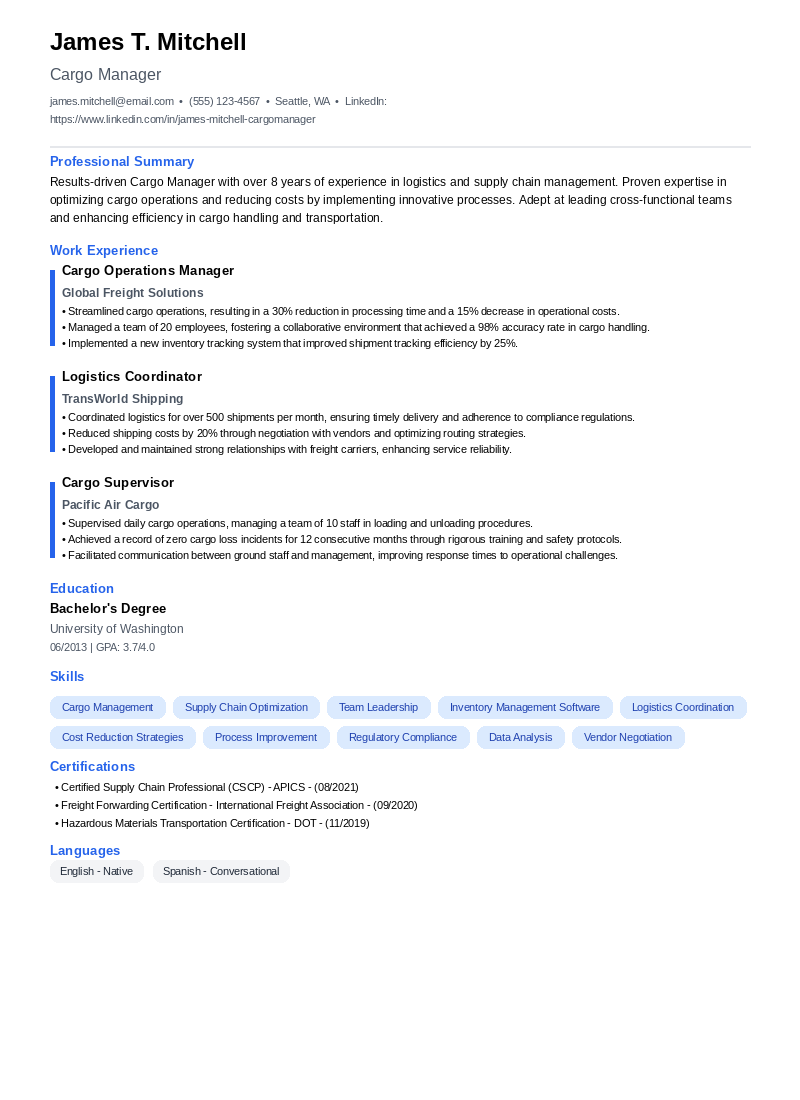 Cargo Manager Resume Example