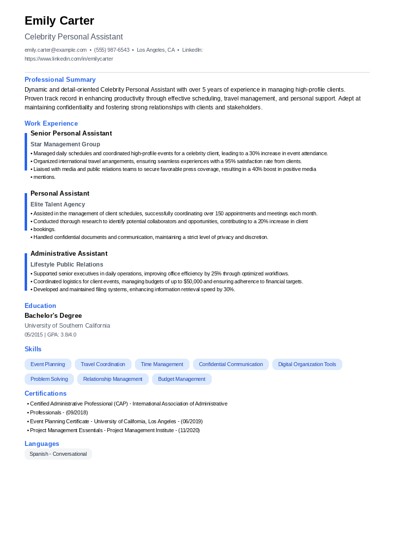 Celebrity Personal Assistant Resume Example