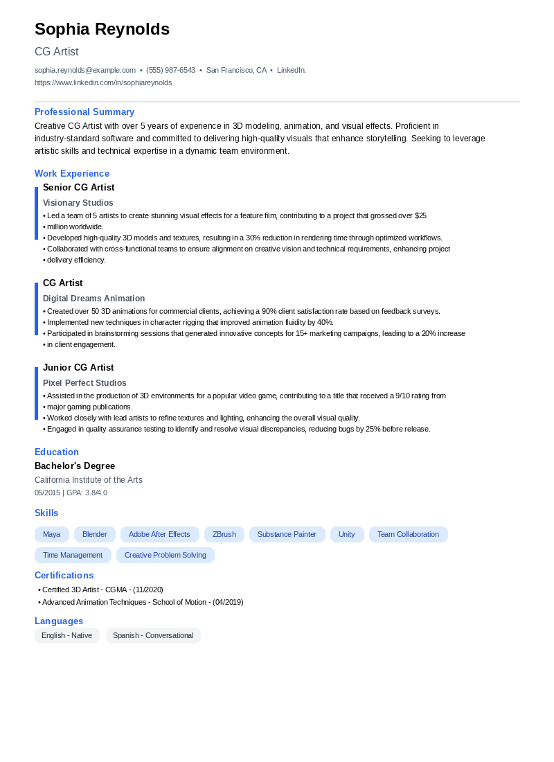 CG Artist Resume Example