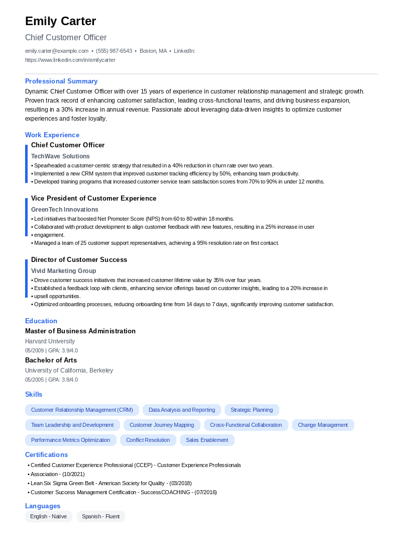 Chief Customer Officer Resume Example