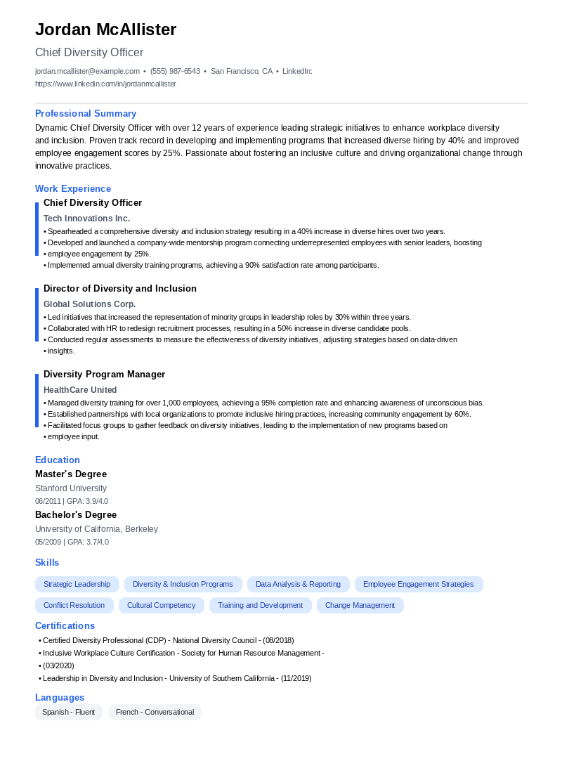 Chief Diversity Officer Resume Example