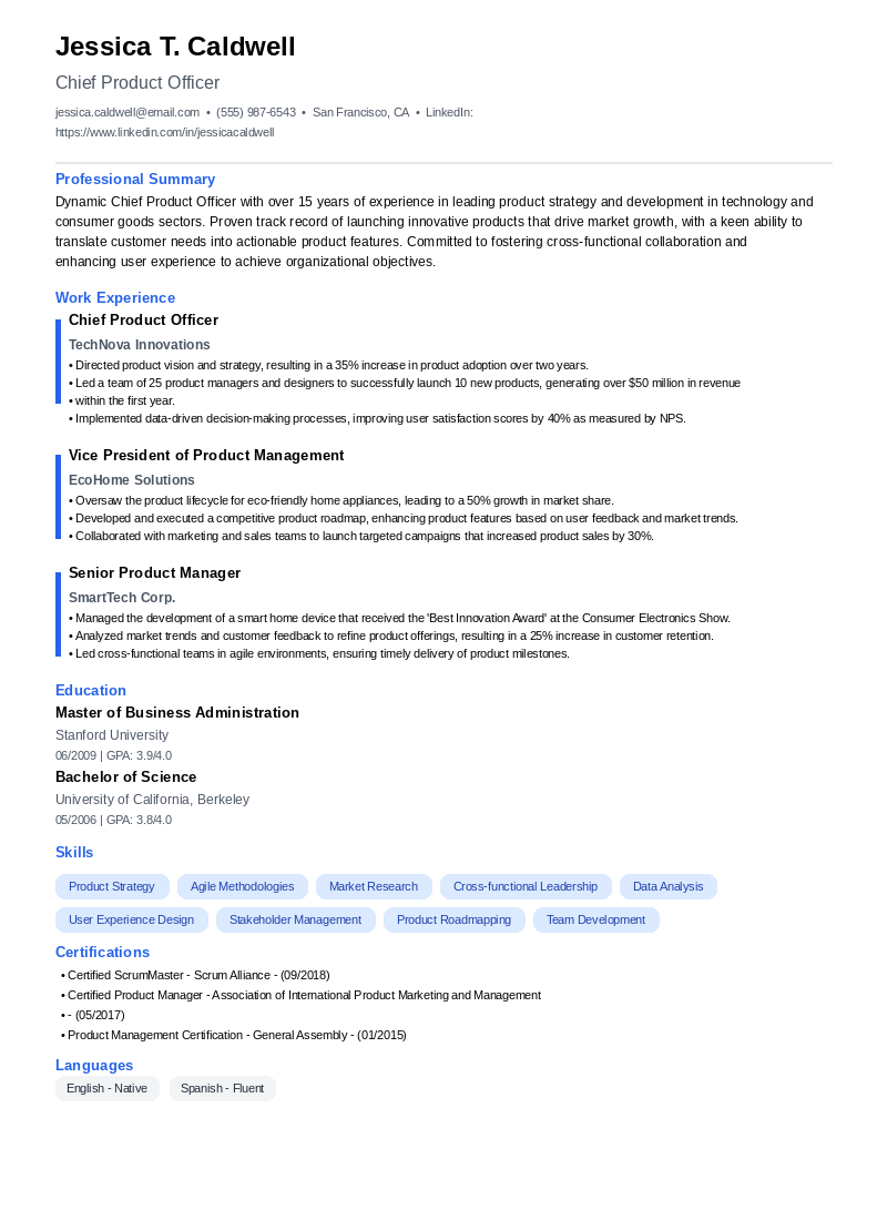 Chief Product Officer Resume Example