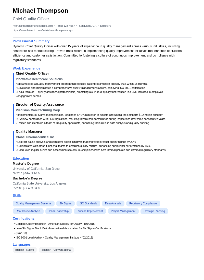 Chief Quality Officer Resume Example