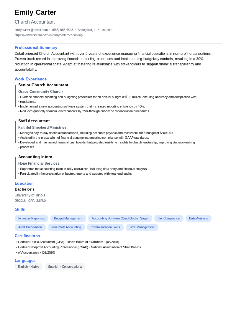 Church Accountant Resume Example