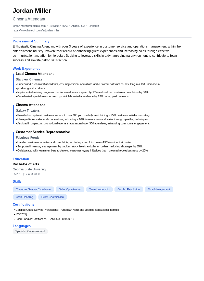 Cinema Attendant Resume Example
