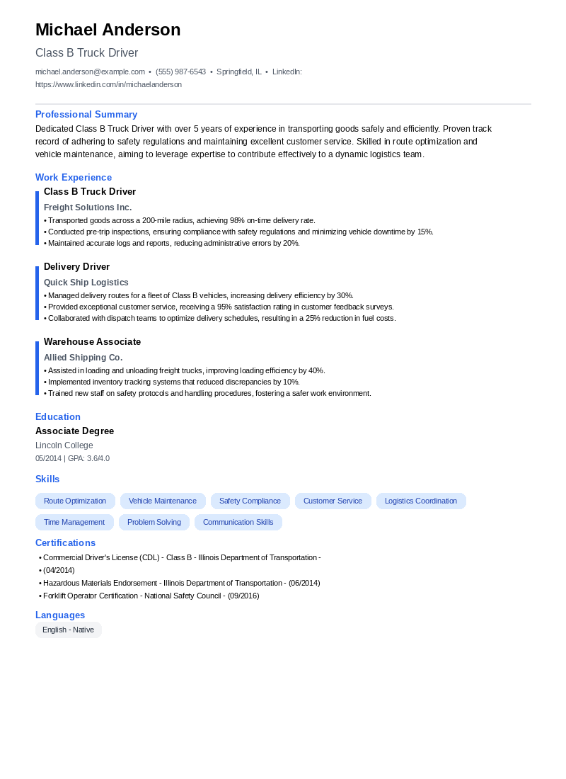 Class B Truck Driver Resume Example