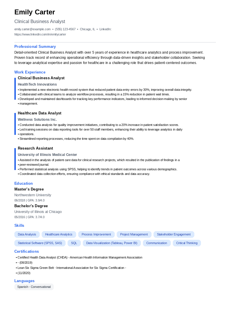 Clinical Business Analyst Resume Example