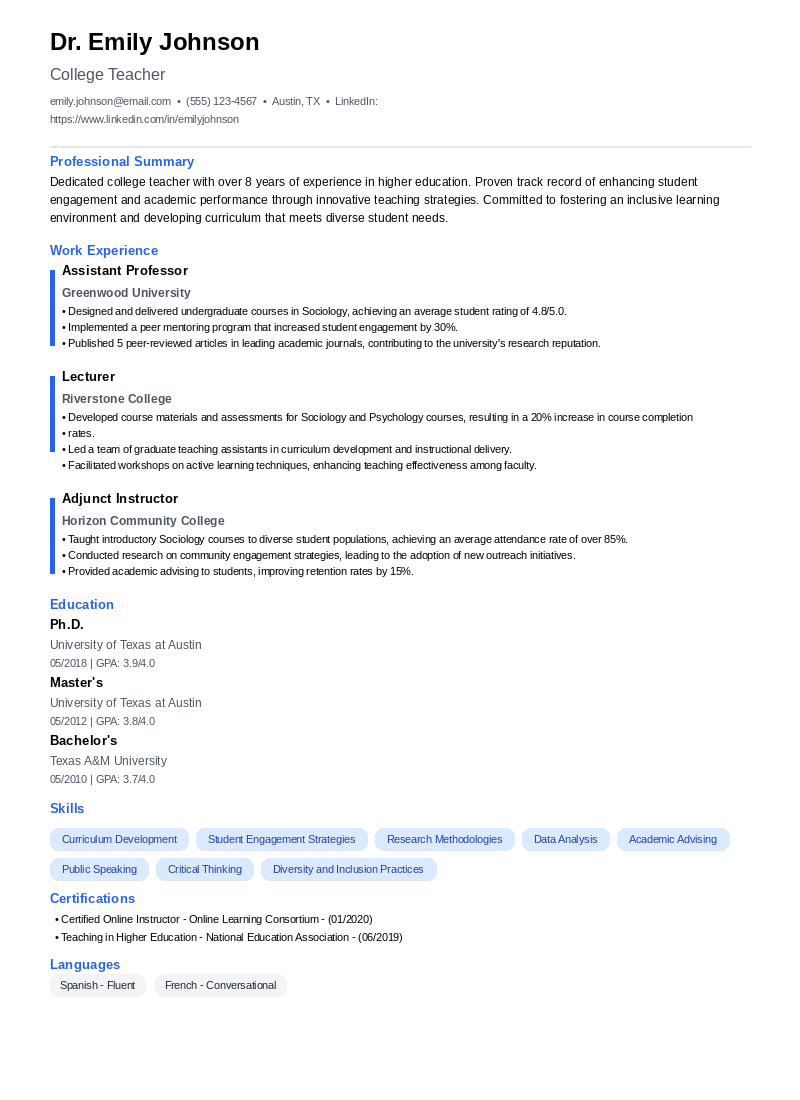 College Teacher Resume Example