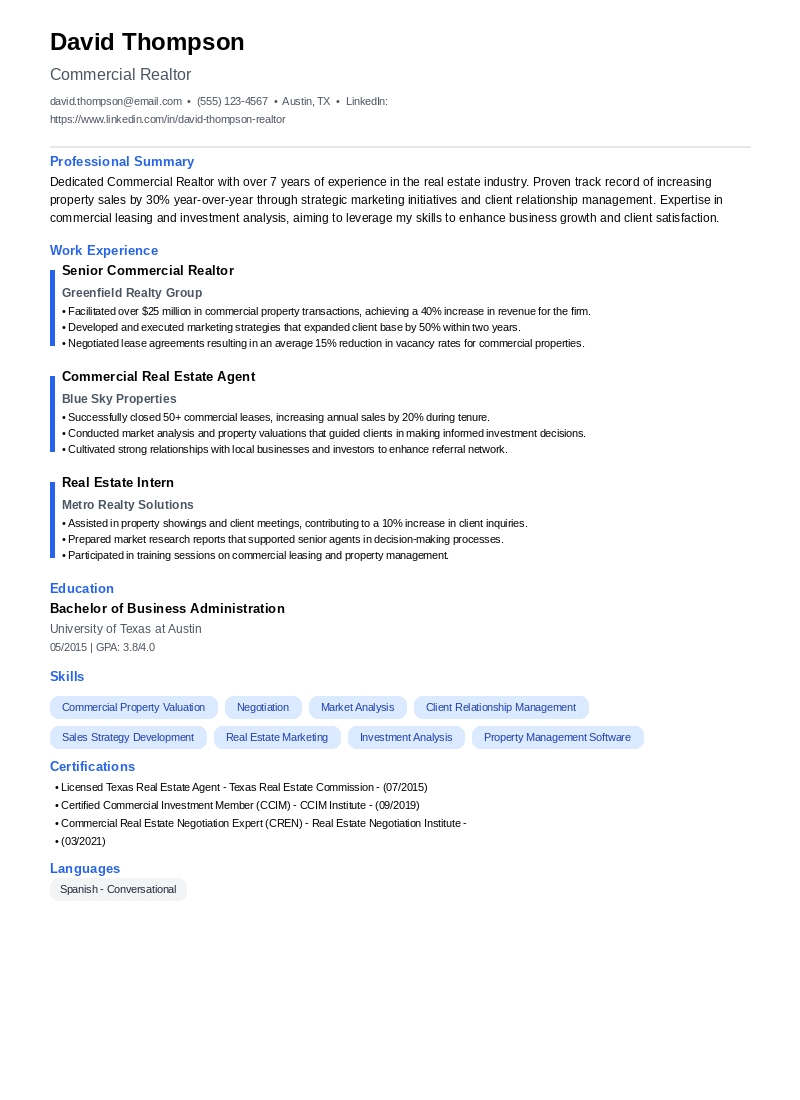 Commercial Realtor Resume Example