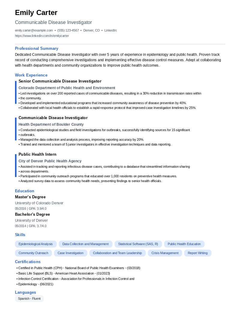 Communicable Disease Investigator Resume Example