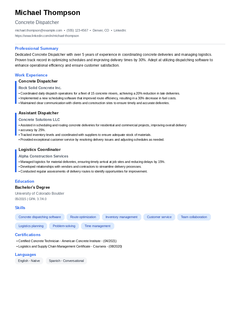 Concrete Dispatcher Resume Example