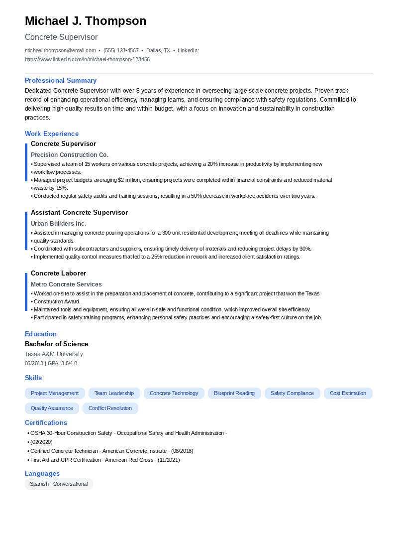 Concrete Supervisor Resume Example