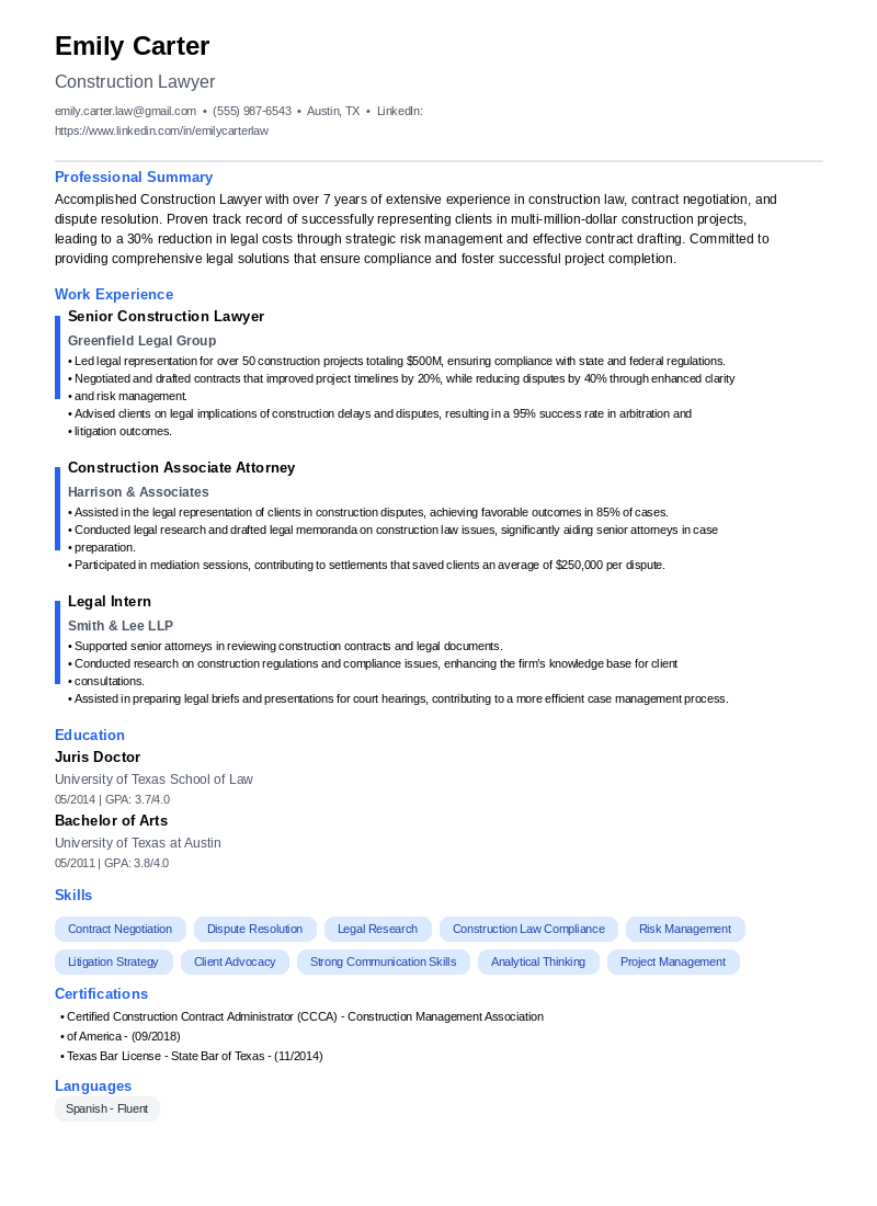 Construction Lawyer Resume Example
