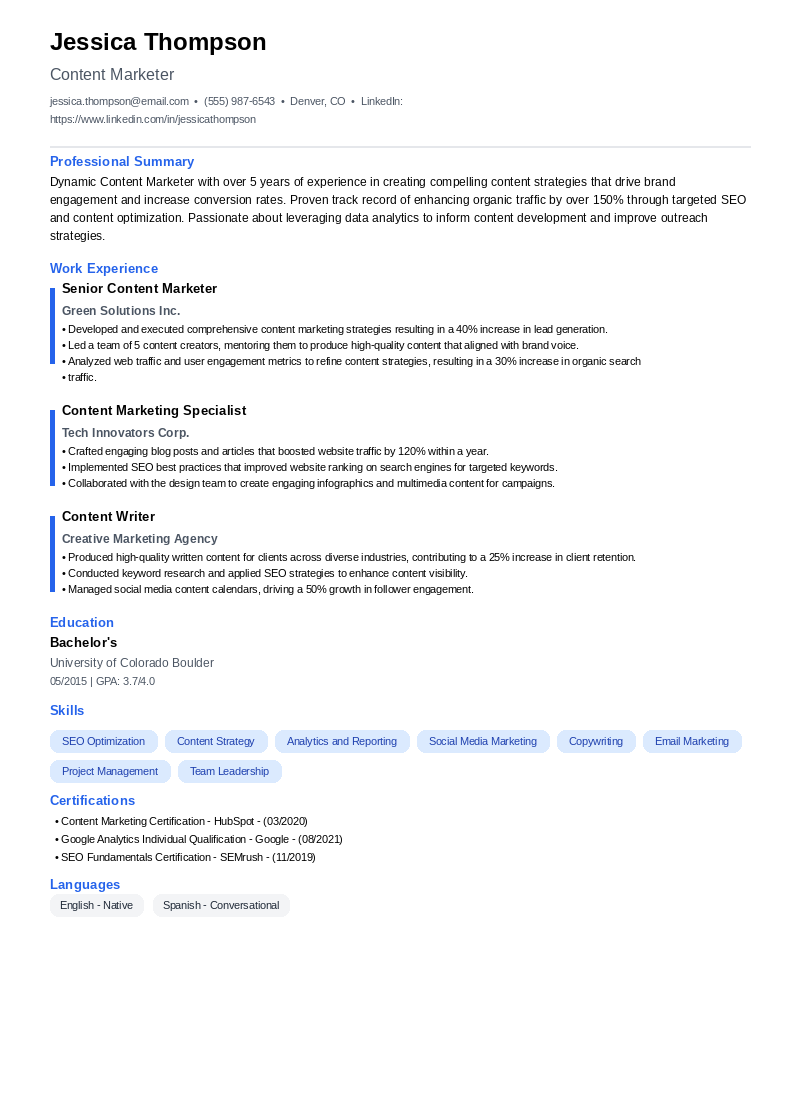 Content Marketer Resume Example