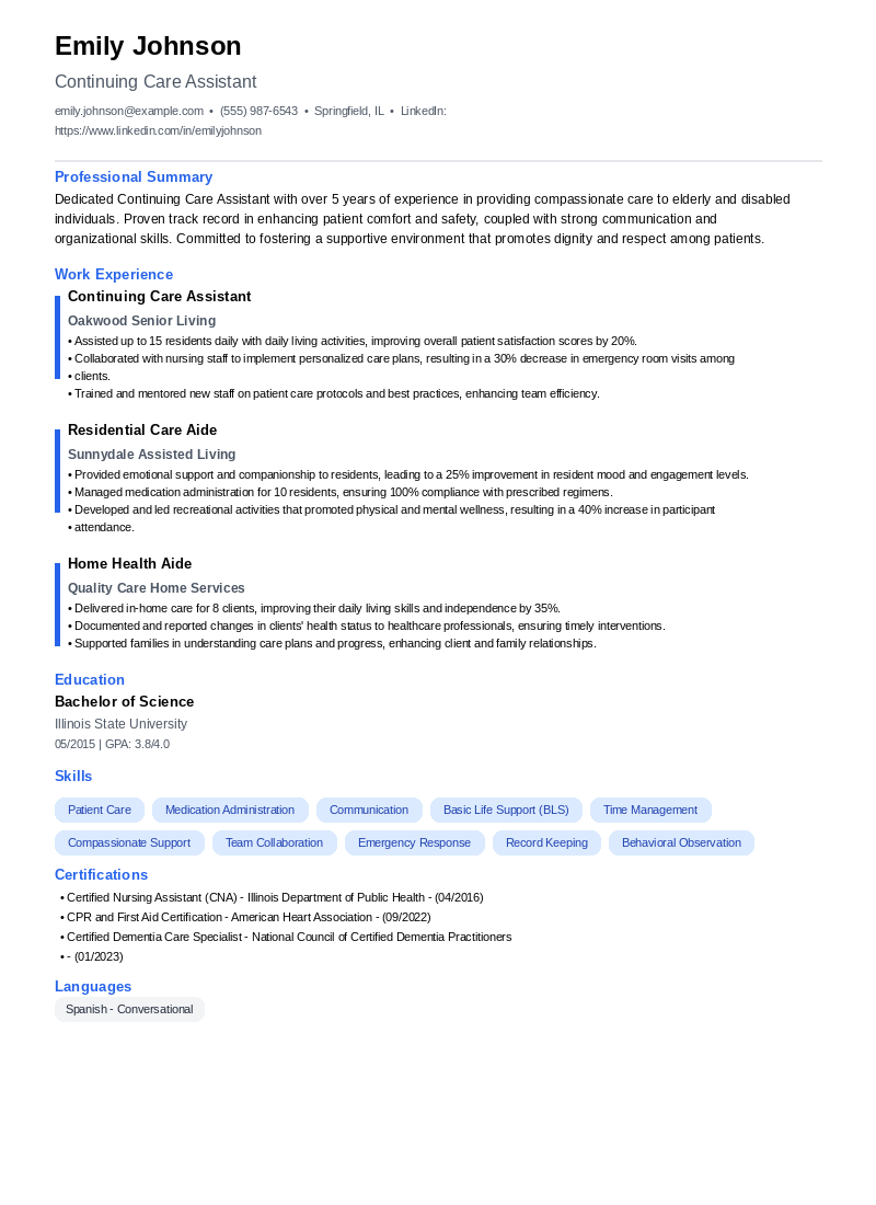 Continuing Care Assistant Resume Example