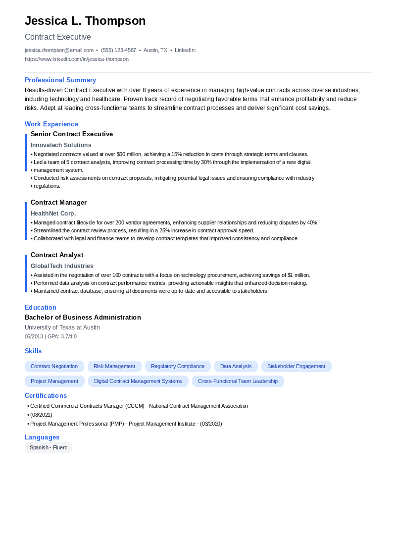 Contract Executive Resume Example