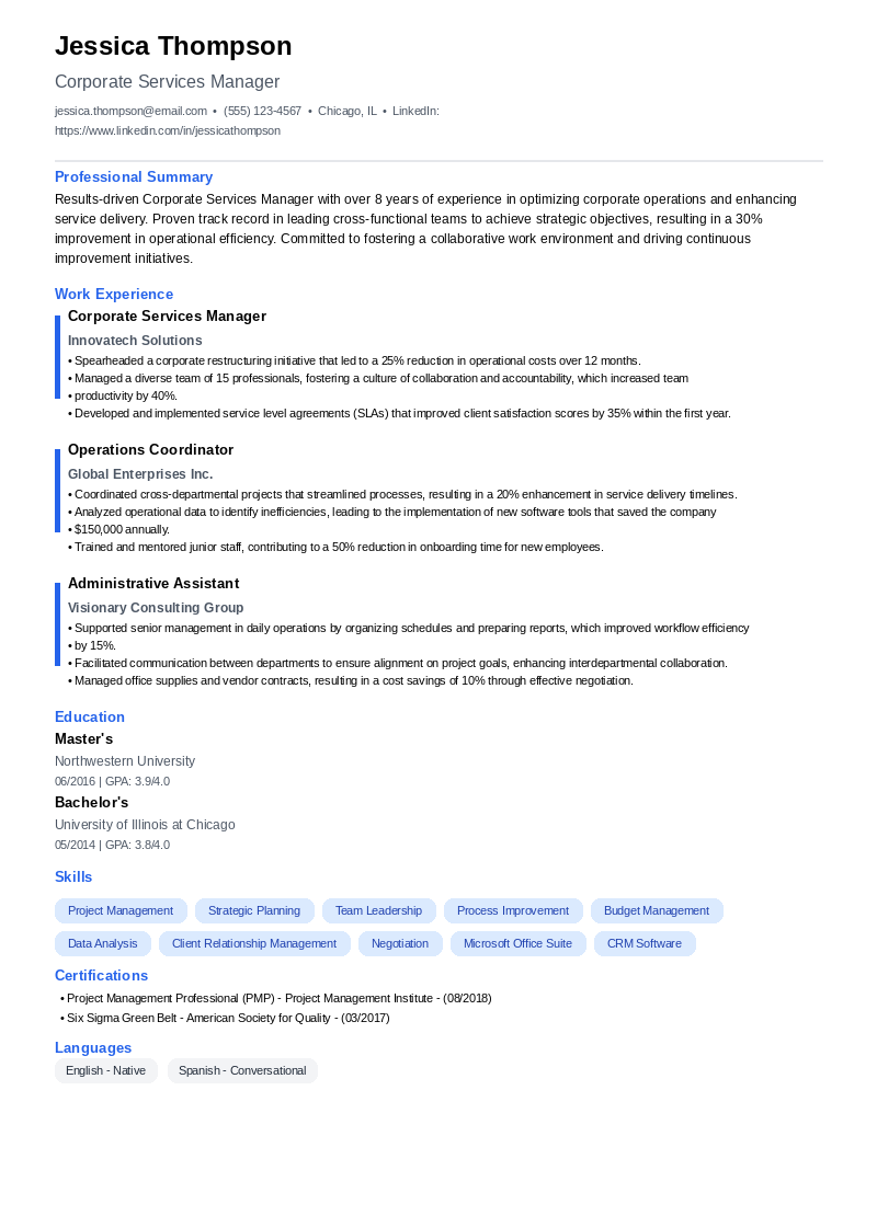 Corporate Services Manager Resume Example