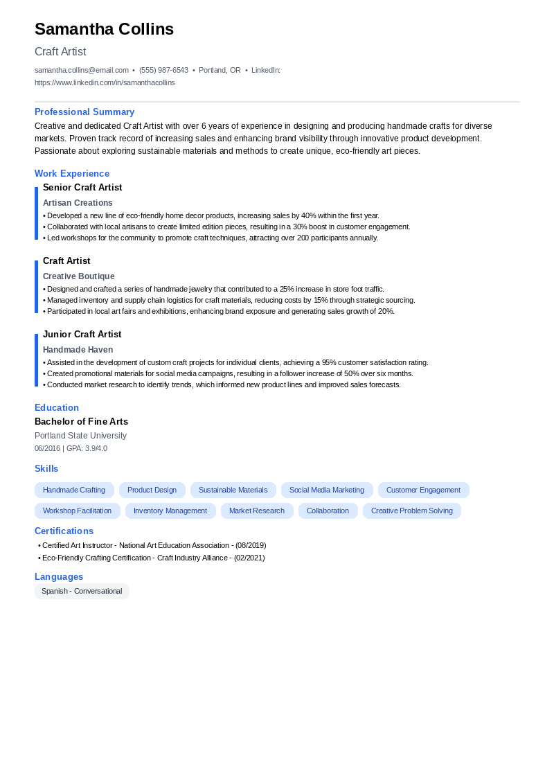 Craft Artist Resume Example
