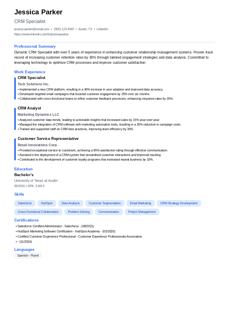 CRM Specialist Resume Example