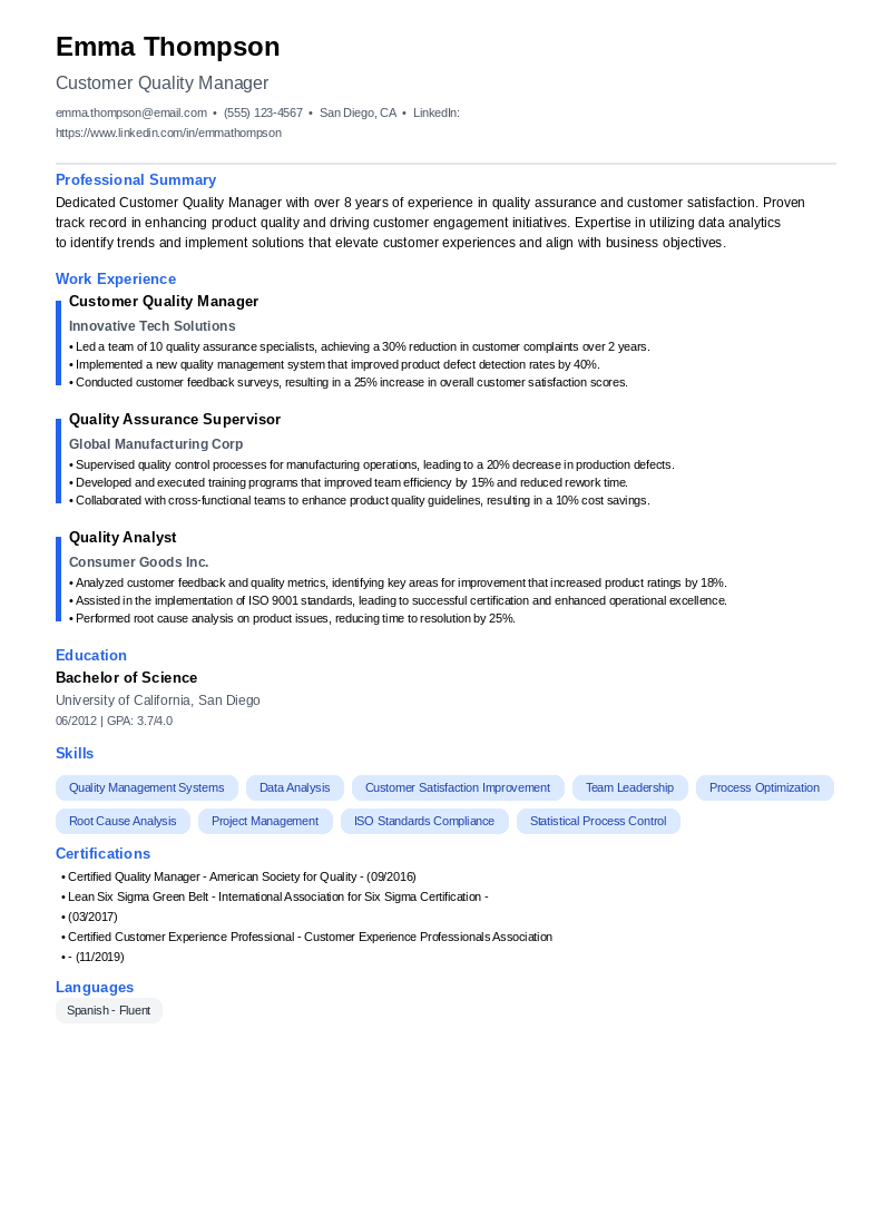 Customer Quality Manager Resume Example