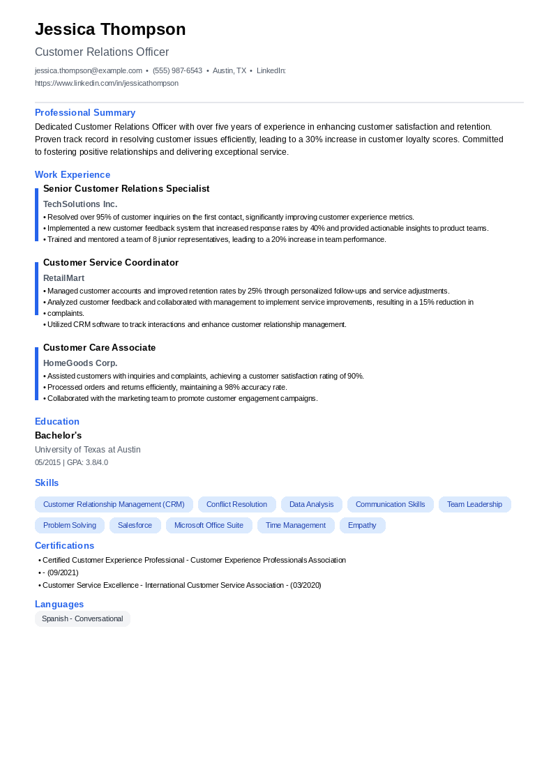 Customer Relations Officer Resume Example