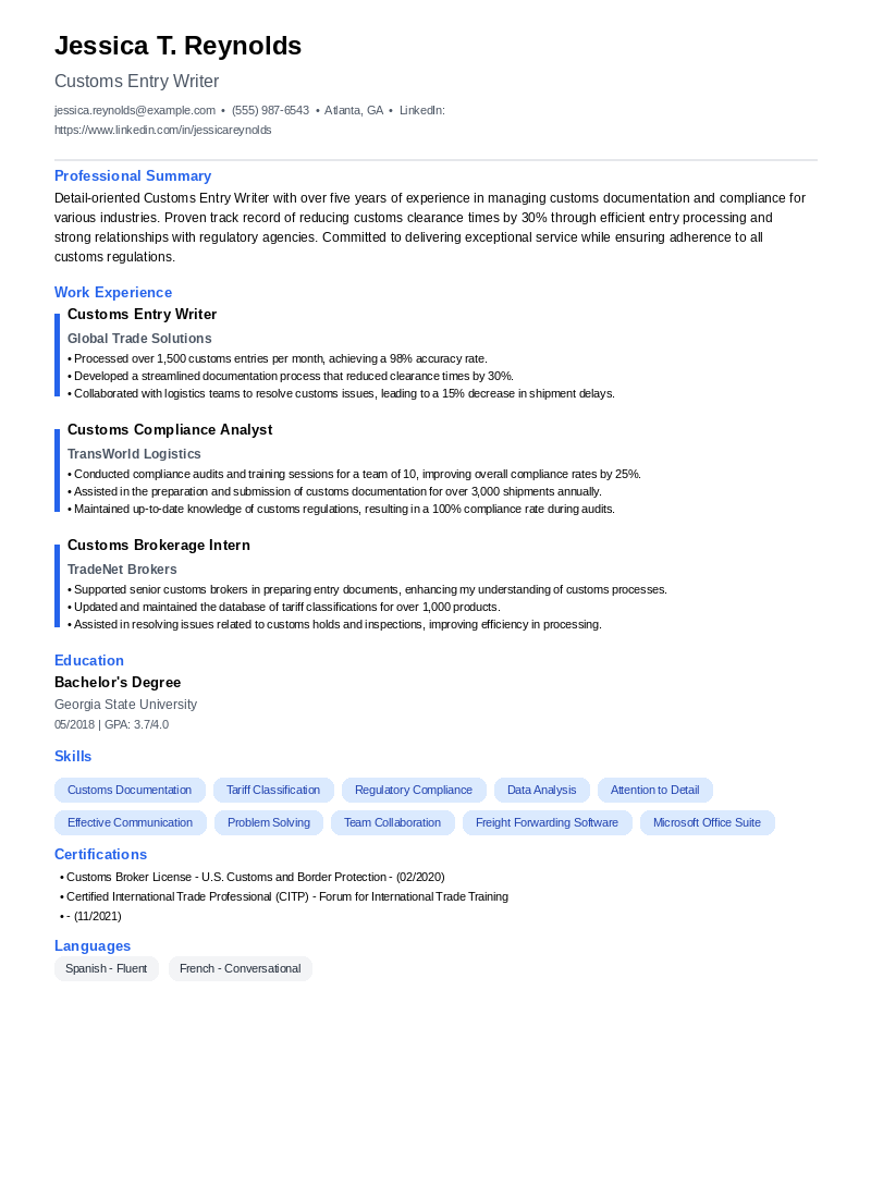 Customs Entry Writer Resume Example