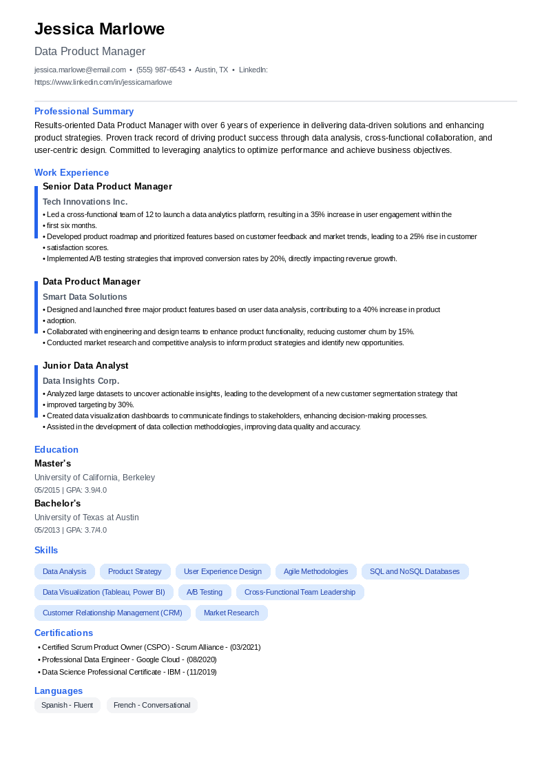 Data Product Manager Resume Example