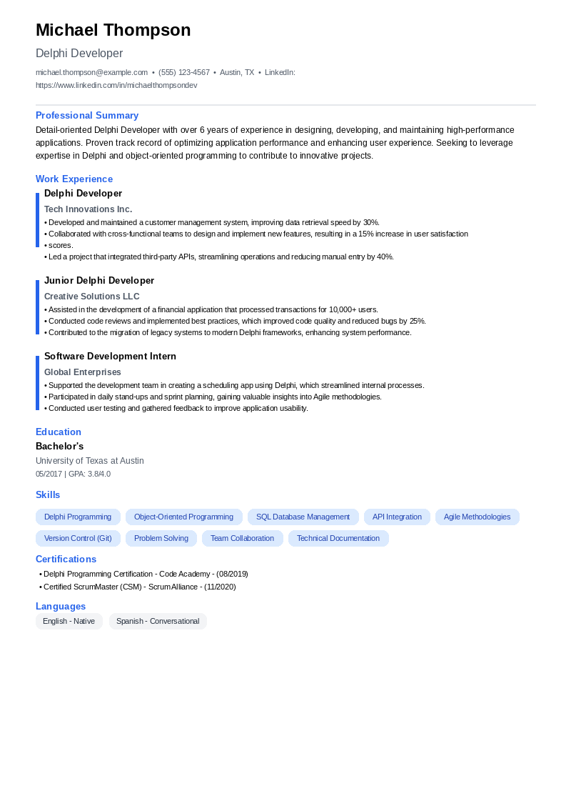 Delphi Developer Resume Example